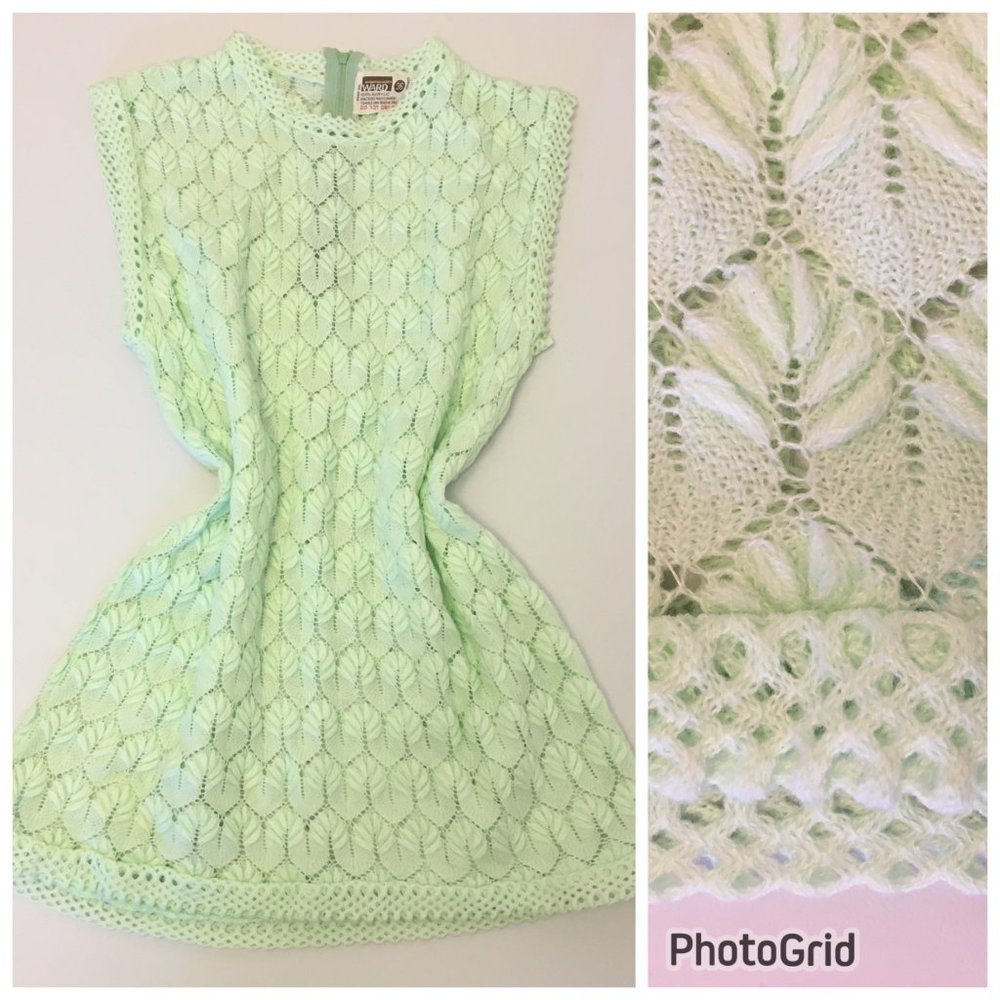 Vintage 70s Sleeveless Open Knit Green Blouse Pastel Long Top Tunic Granny (T9)